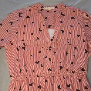 Red White Striped Hearts Dress Sz XL 1/4 Button Fit Flare Waist Defining